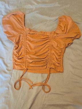 Ruched Puff Sleeve Crop Top - Orange